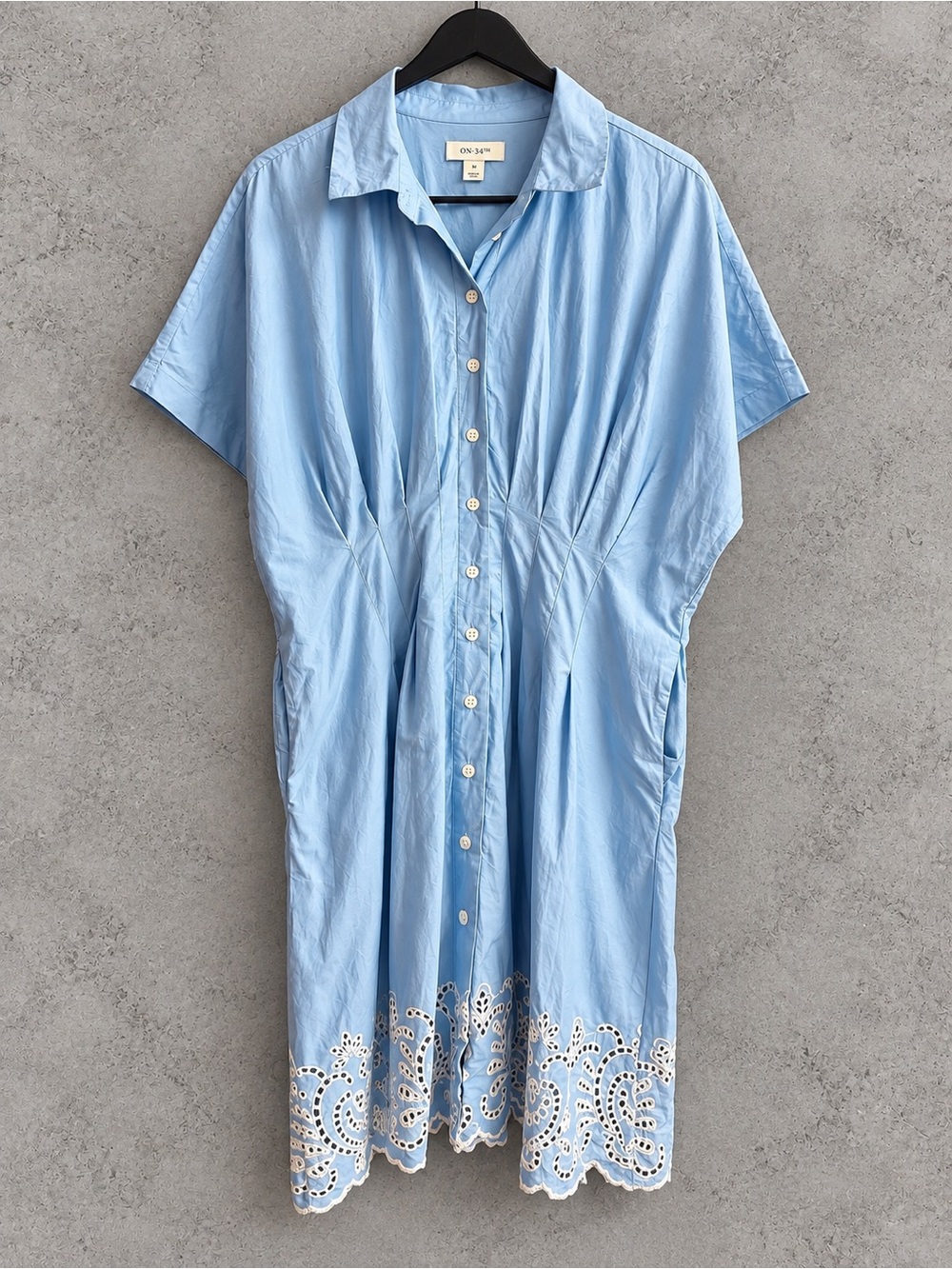 ON 34th Women’s M Blue 100% Cotton Shirt Dress White Eyelet Embroidered Hem
